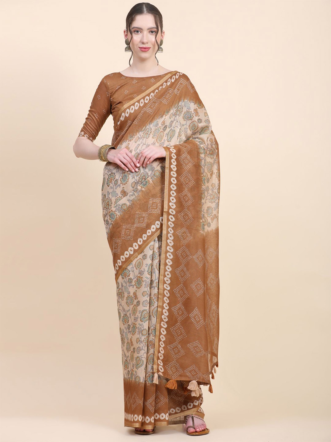 

Phenav Ethnic Motifs Printed Zari Detailed Pure Silk Saree, Beige