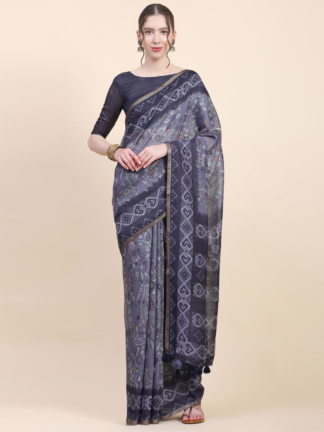 

Phenav Ethnic Motifs Printed Zari Detailed Pure Silk Saree, Blue