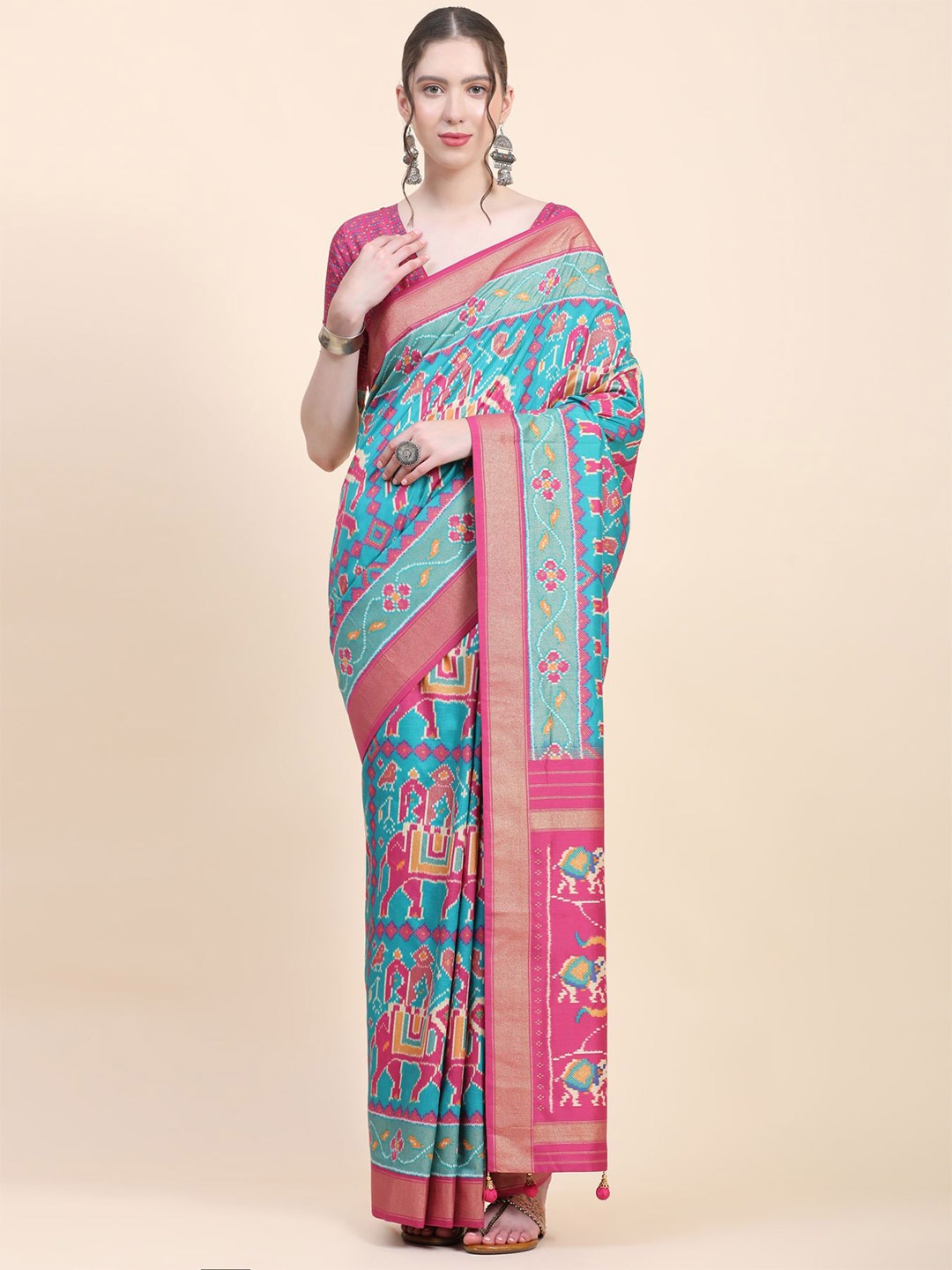 

Phenav Ethnic Motifs Printed Zari Detailed Pure Silk Patola Saree, Blue