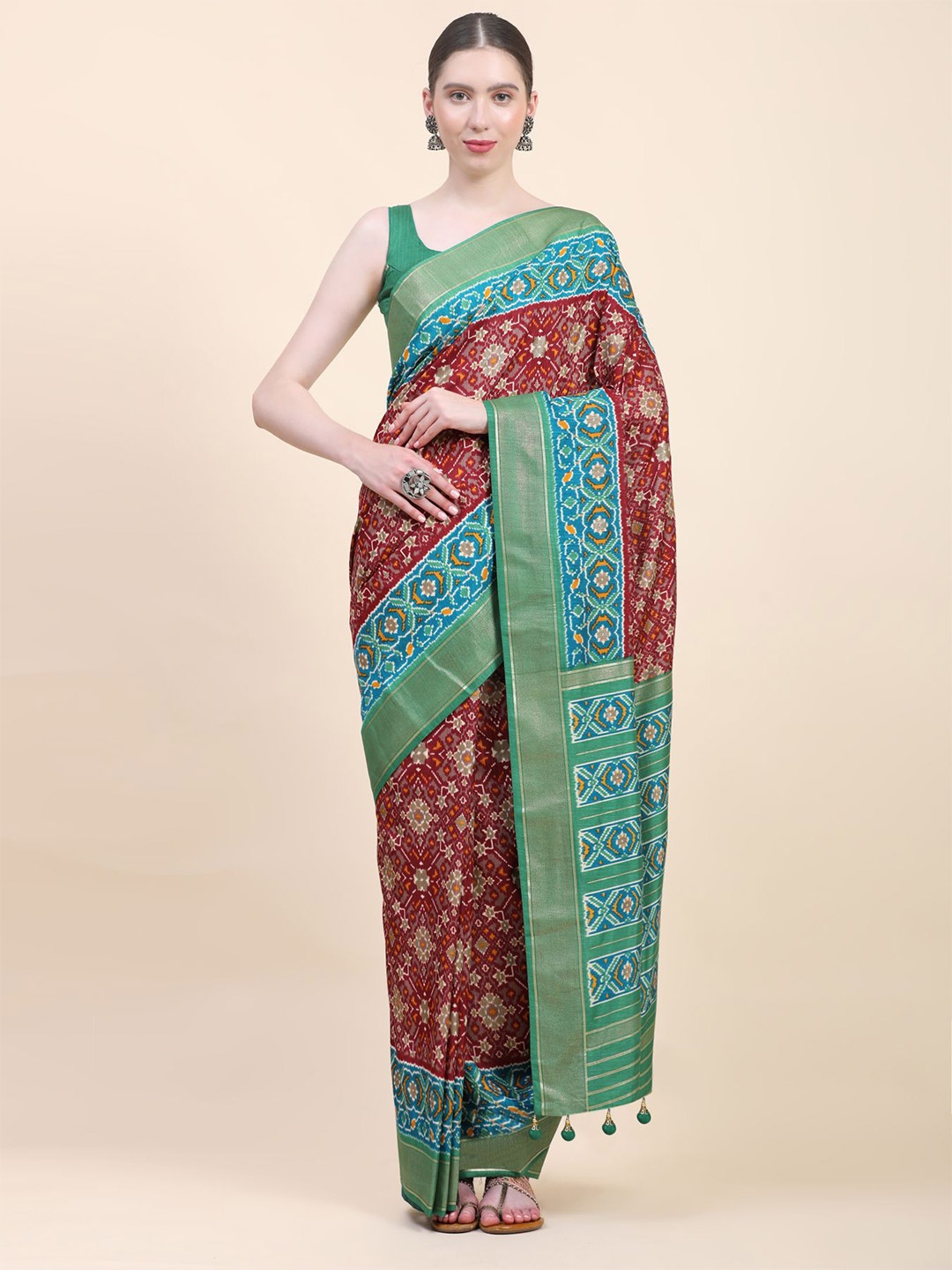 

Phenav Ethnic Motifs Printed Zari Detailed Pure Silk Patola Saree, Blue