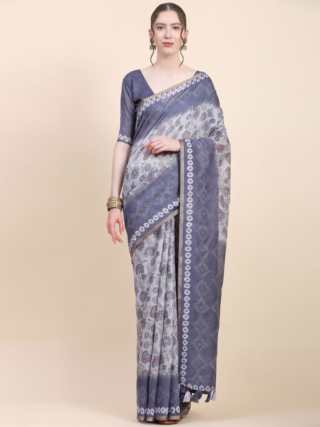 

Phenav Floral Printed Zari Detailed Pure Silk Saree, Blue