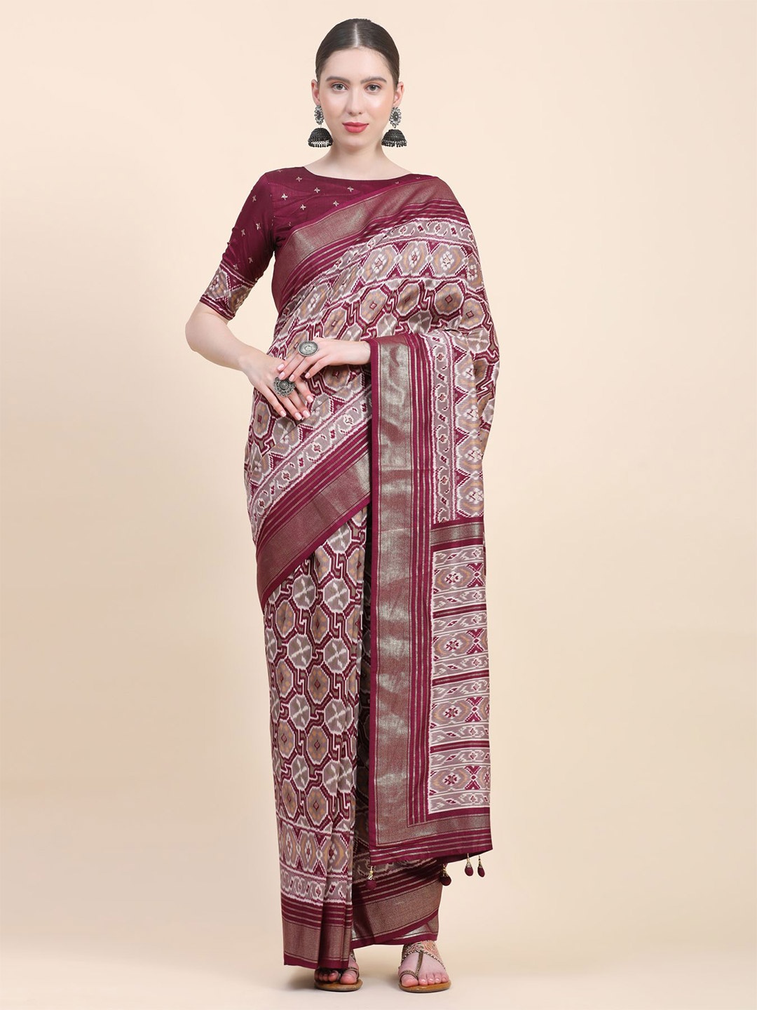 

Phenav Ethnic Motifs Printed Zari Detailed Pure Silk Patola Saree, Purple