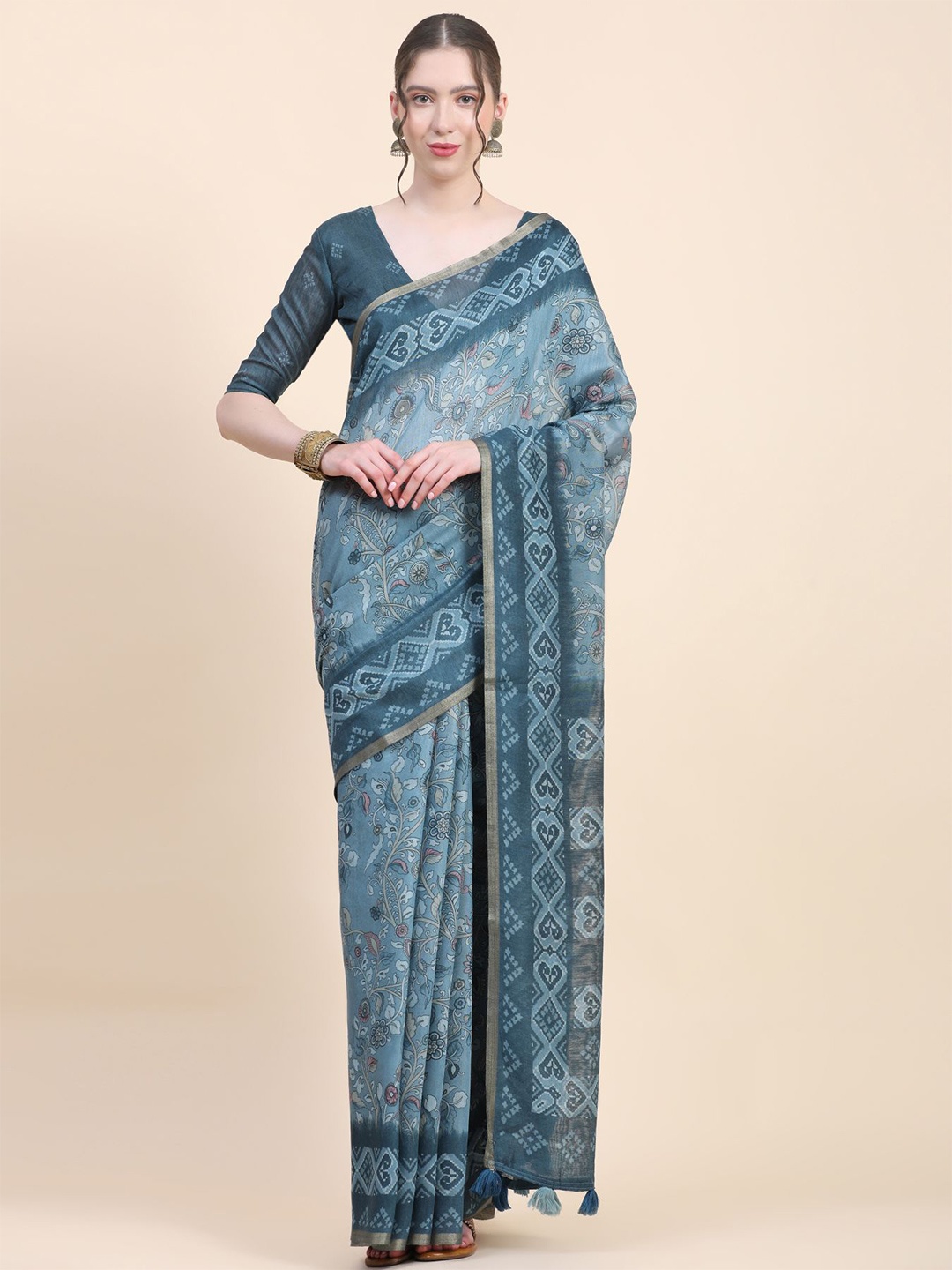 

Phenav Floral Printed Zari Pure Silk Saree, Blue