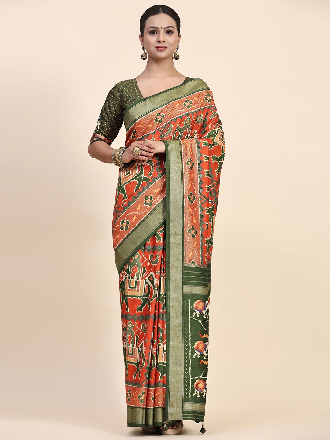

Phenav Ethnic Motifs Printed Zari Pure Silk Saree, Orange