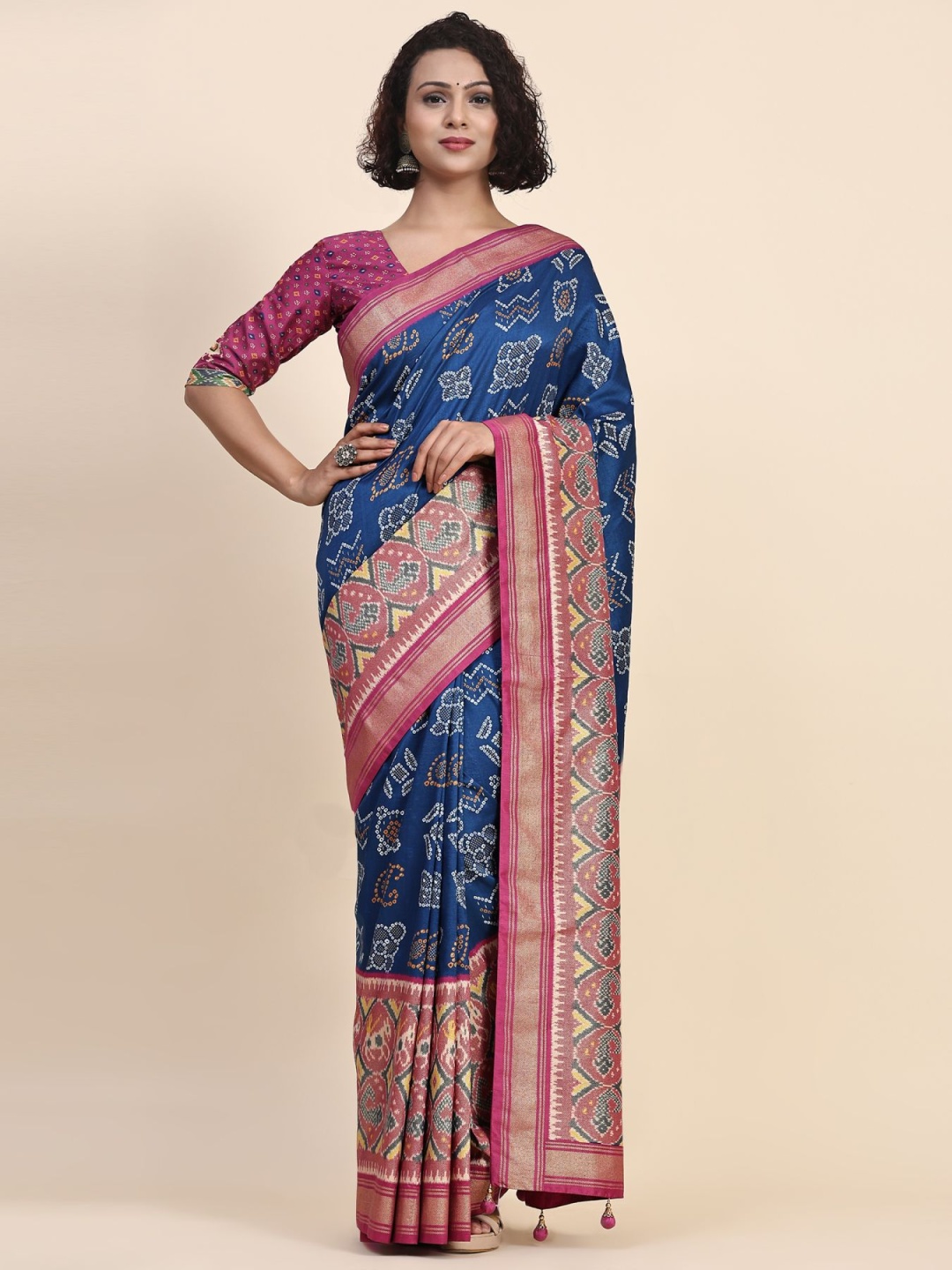 

Phenav Ethnic Motifs Printed Zari Pure Silk Saree, Blue