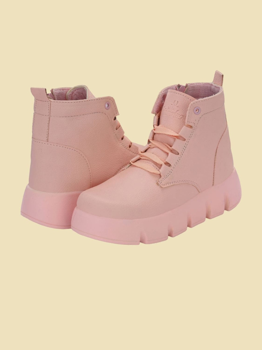 

HIROLAS Women Mid-Top Lace-Up Chunky Boots, Pink
