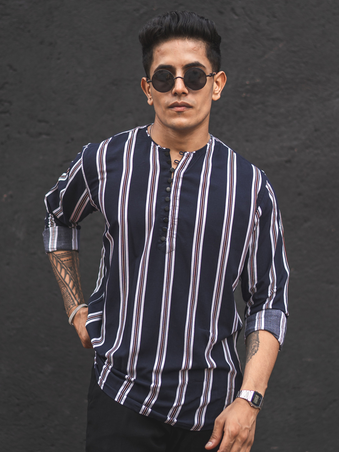 

Powerlook Collarless Striped Casual Shirt, Navy blue