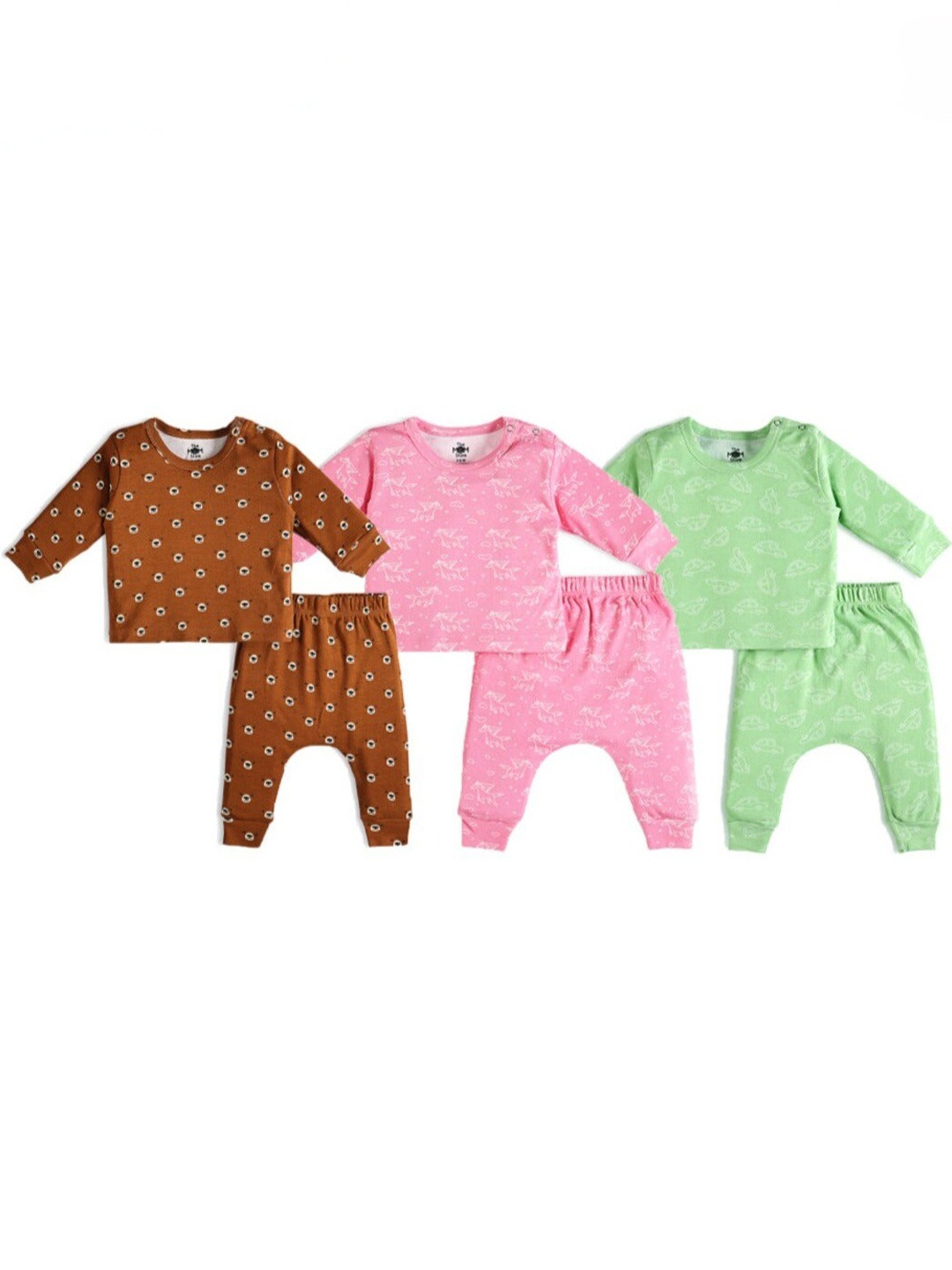 

The Mom Store Infants Pack Of 3 Printed Pure Cotton T-shirt With Trousers, Green