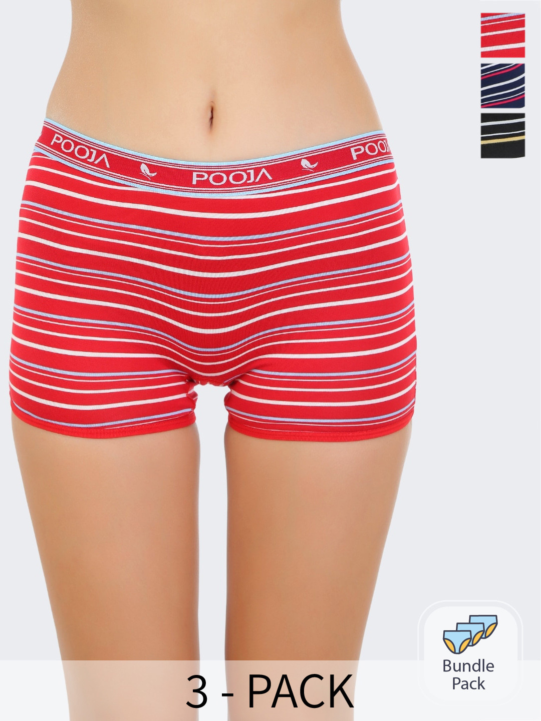 

POOJA RAGENEE Pack Of 3 Striped Boy Shorts, Blue