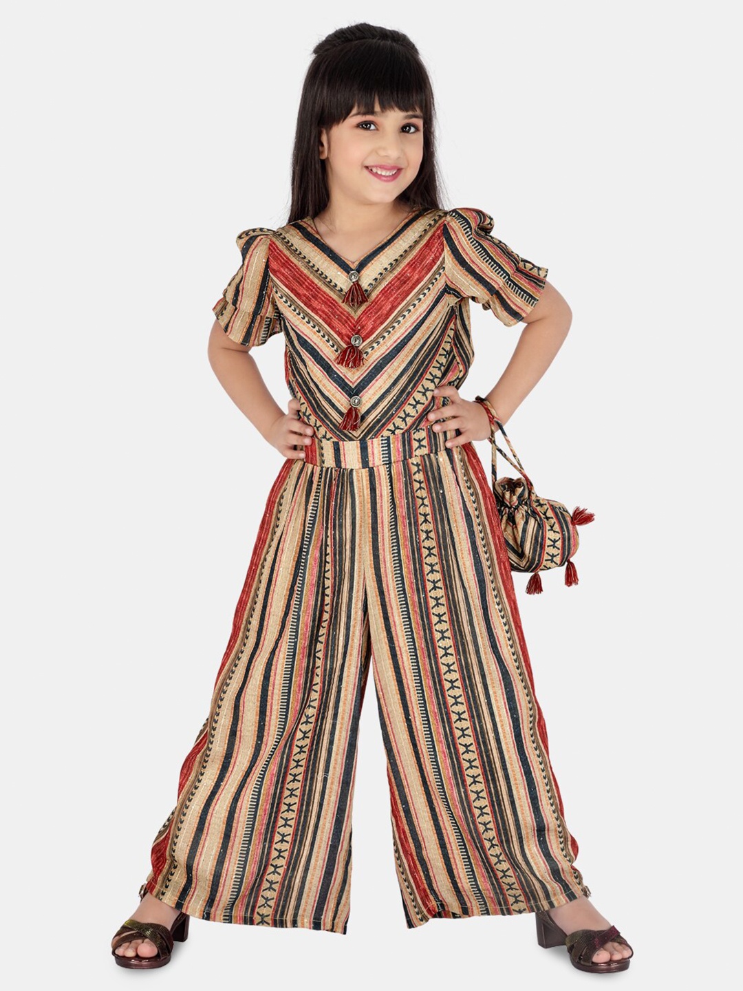 

Peppermint Girls Striped V-Neck Basic Jumpsuit, Brown