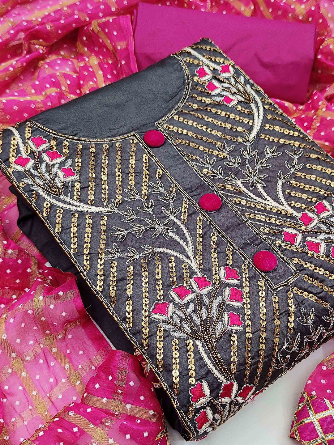 

KALINI Floral Embroidered Sequined Unstitched Dress Material, Grey