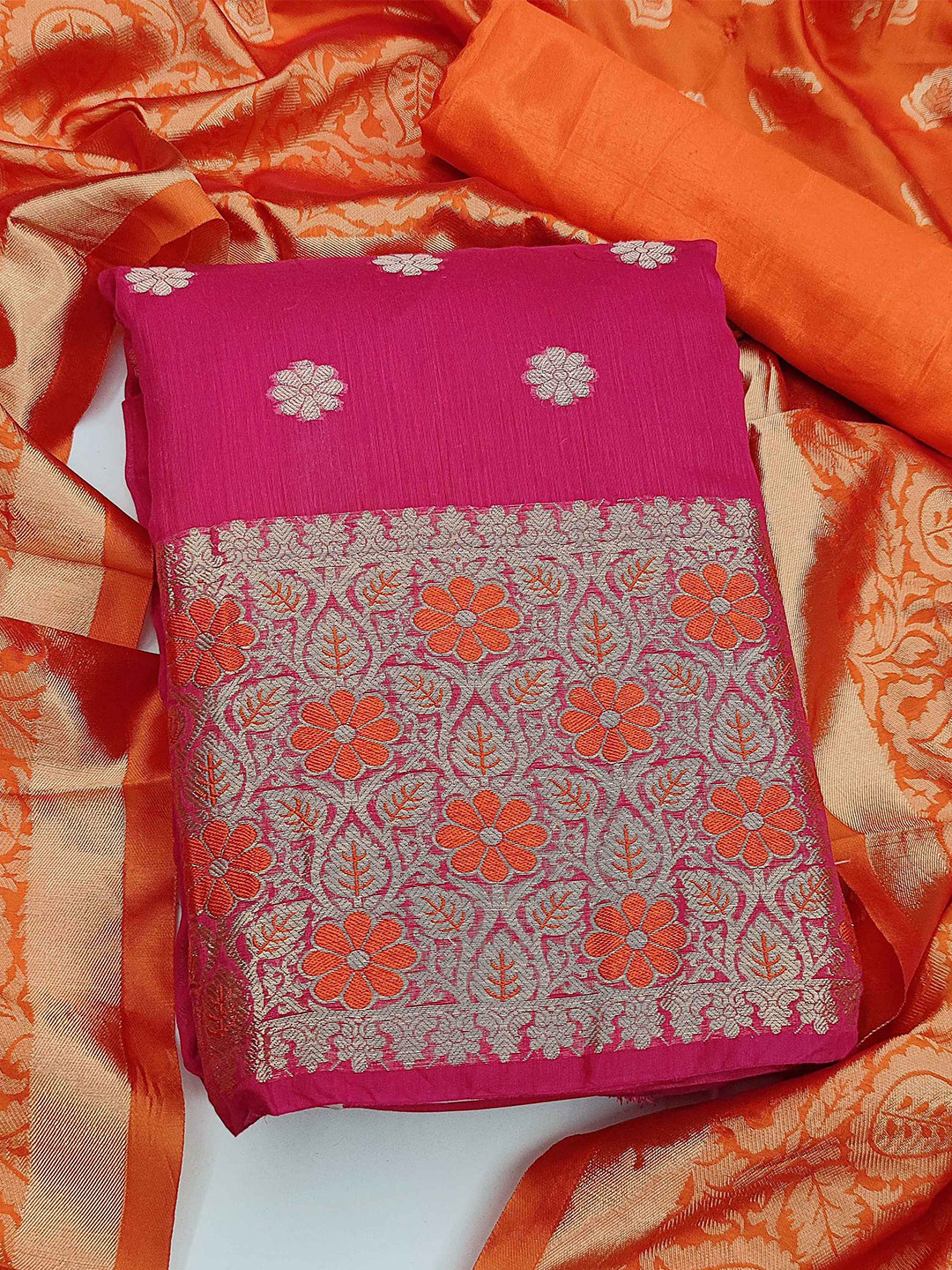 

KALINI Floral Woven Design Zari Unstitched Dress Material, Pink