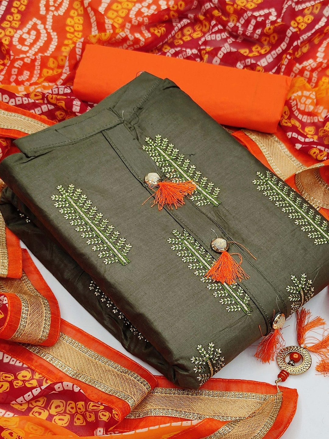 

KALINI Ethnic Motifs Embroidered Unstitched Dress Material, Grey