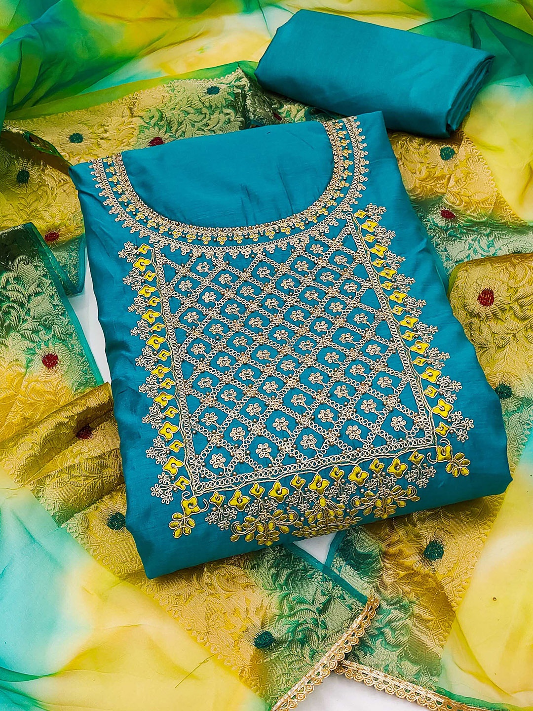 

KALINI Ethnic Motifs Embroidered Beads and Stones Unstitched Dress Material, Blue