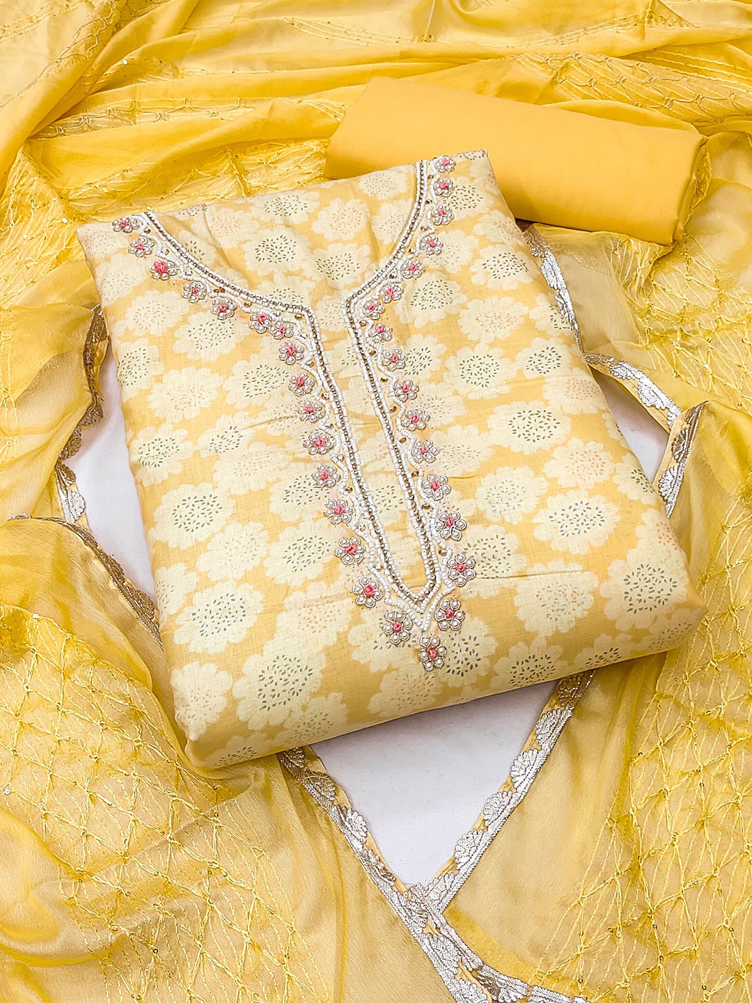 

KALINI Floral Printed Thread Work Pure Cotton Unstitched Dress Material, Yellow
