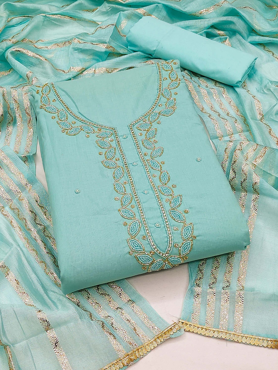 

KALINI Embroidered Unstitched Dress Material, Sea green