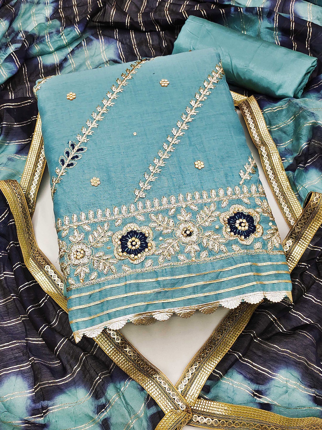 

KALINI Embroidered Unstitched Dress Material, Blue