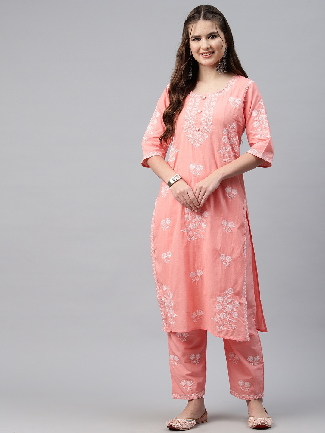 

Readiprint Embroidered Thread Work Pure Cotton Kurta with Trousers, Peach