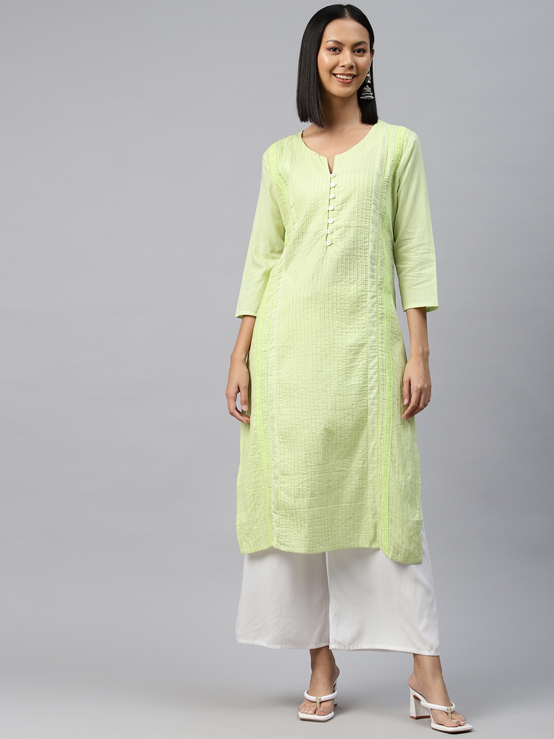 Readiprint Thread Work Pure Cotton Kurta, Green