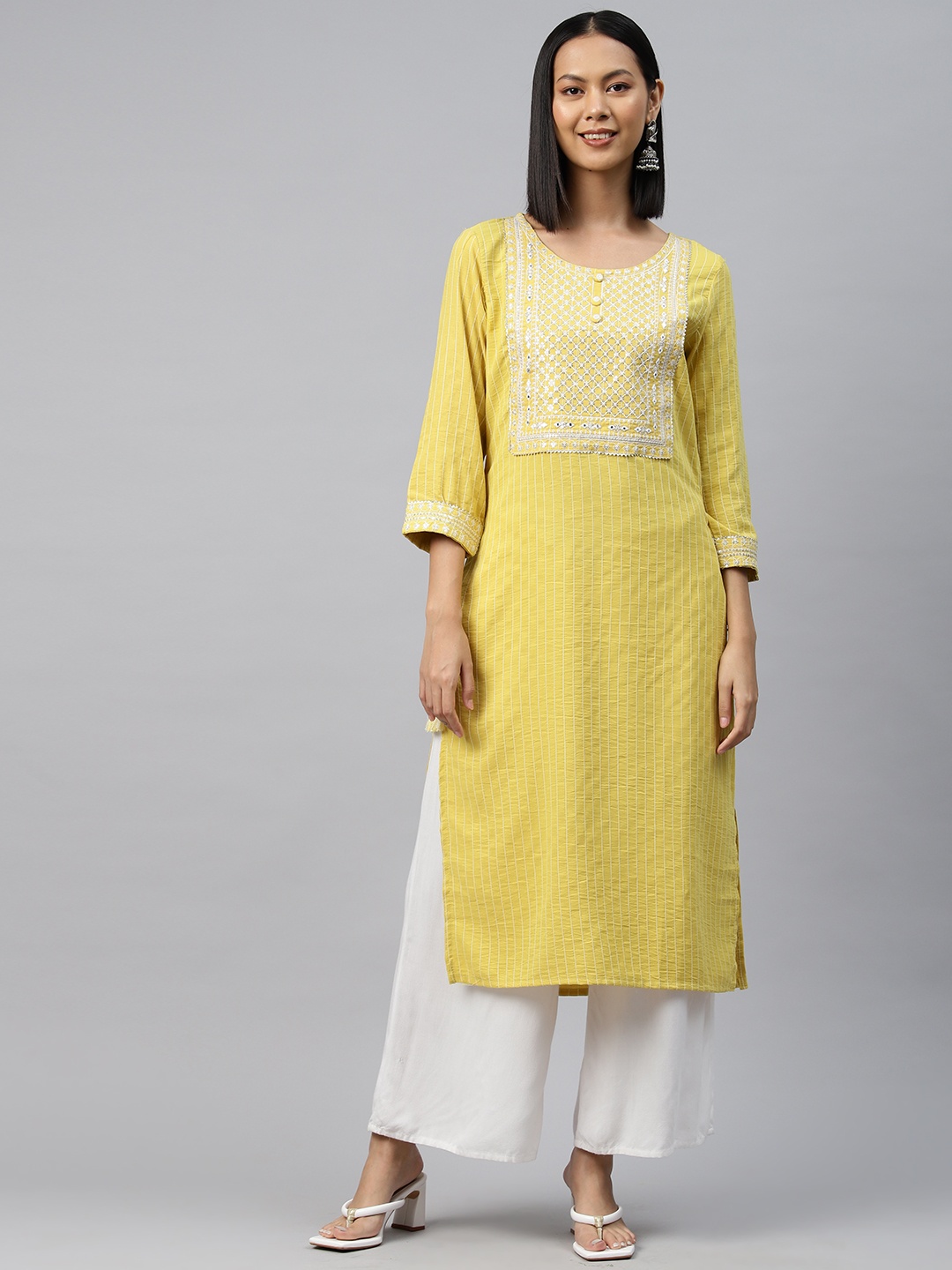 

Readiprint Ethnic Motifs Embroidered Sequinned Pure Cotton Kurta, Yellow
