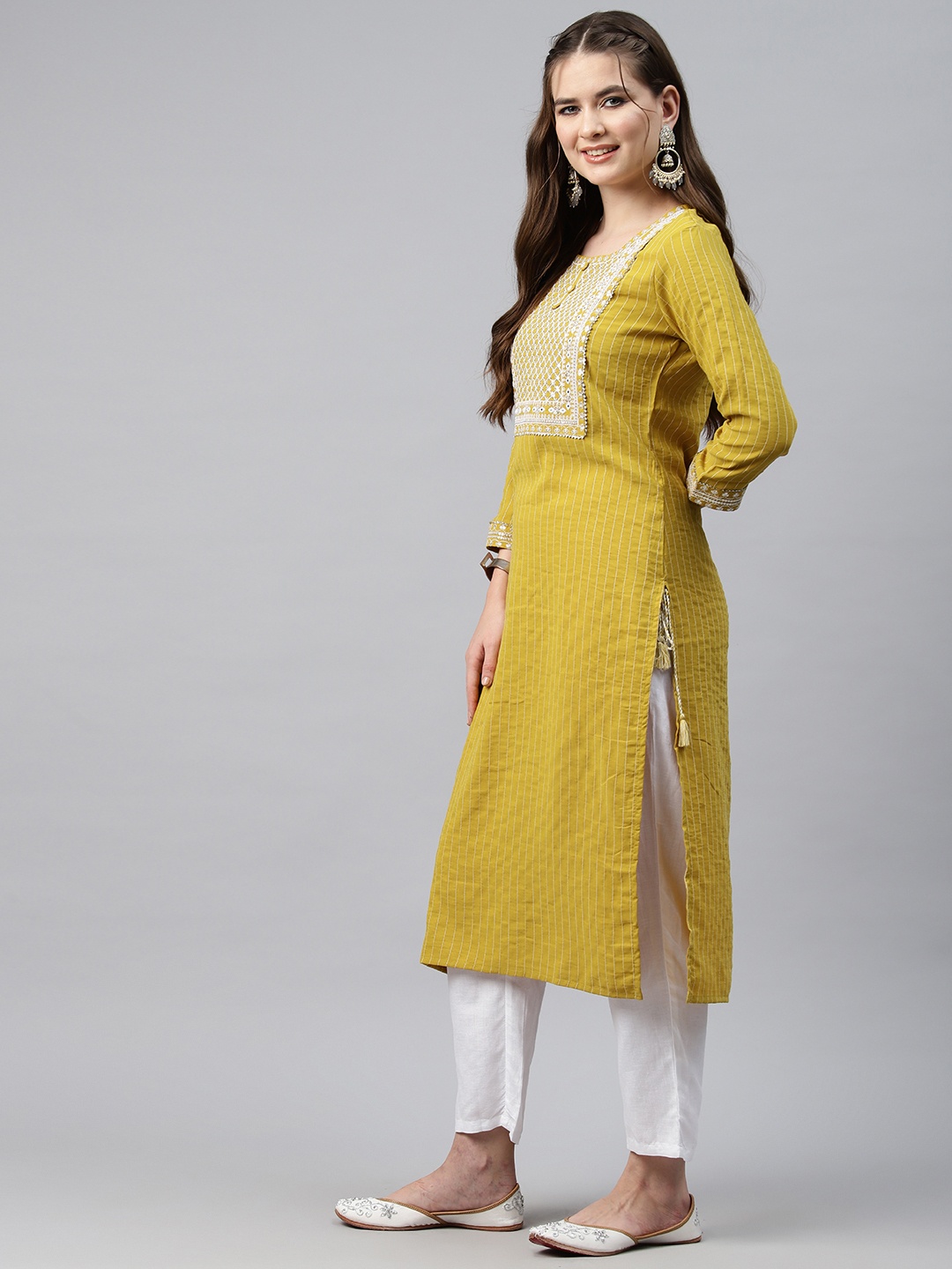 Readiprint Ethnic Motifs Embroidered Sequinned Pure Cotton Kurta, Mustard