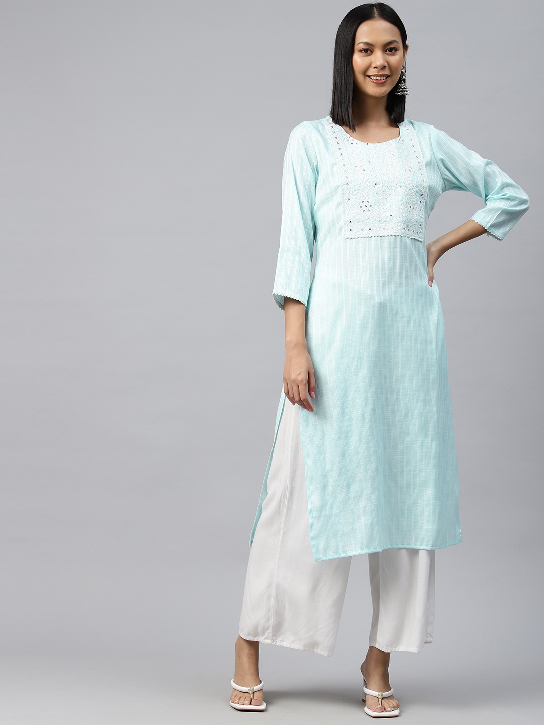 

Readiprint Ethnic Motifs Embroidered Sequinned Pure Cotton Kurta, Blue