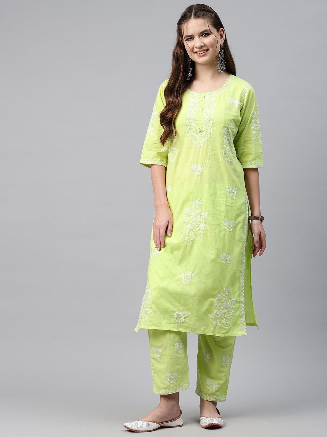 

Readiprint Floral Embroidered Thread Work Pure Cotton Kurta with Trousers, Lime green