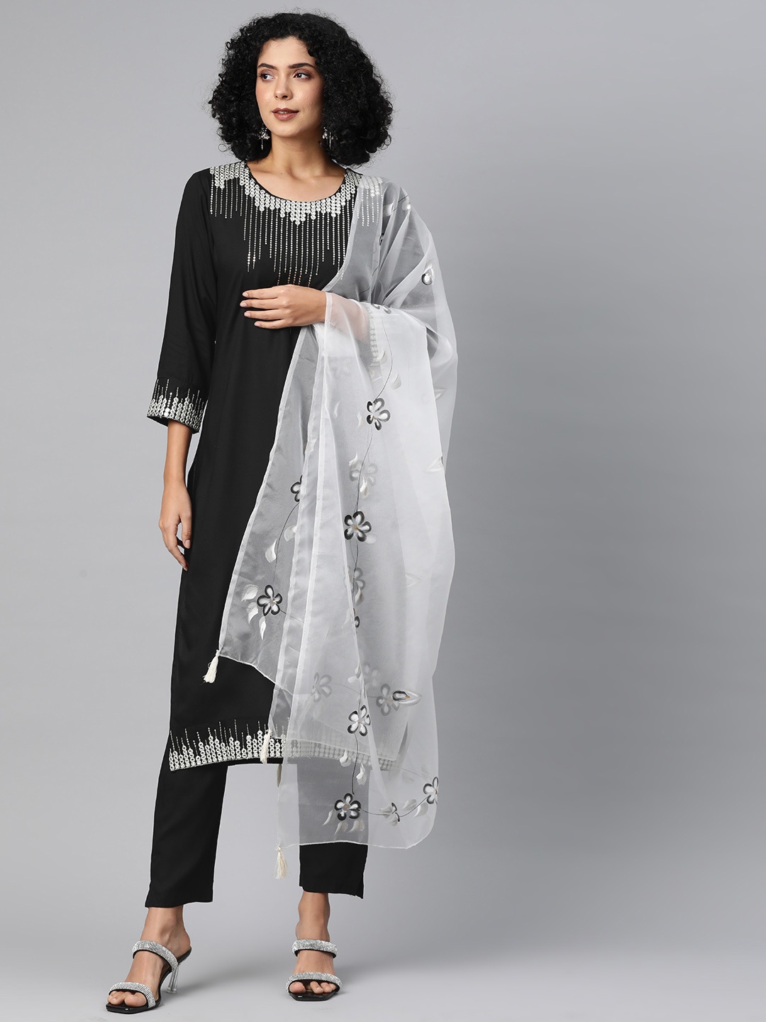 

Readiprint Embroidered Regular Mirror Work Kurta with Trousers & Dupatta, Black