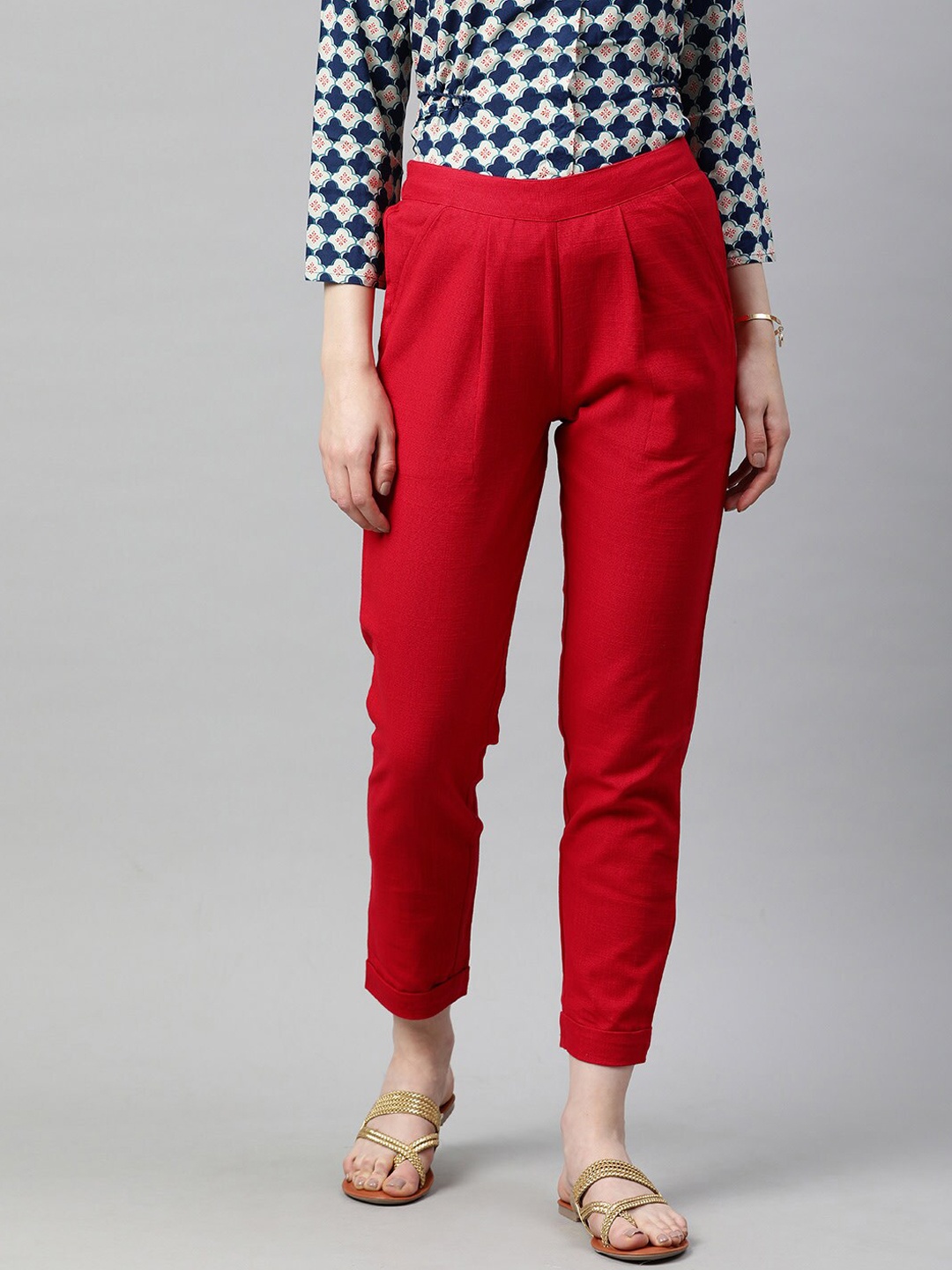 

KALINI Women Mid Rise Cotton Pleated Trousers, Red