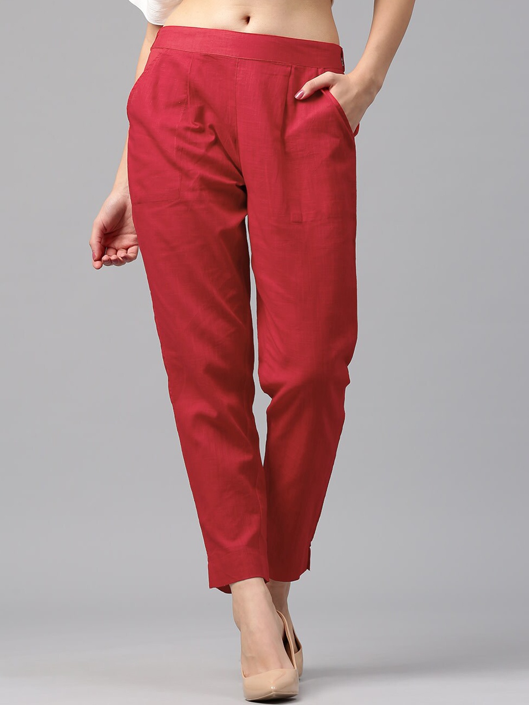 

KALINI Women Mid-Rise Pleated Cropped Regular Fit Trousers, Red