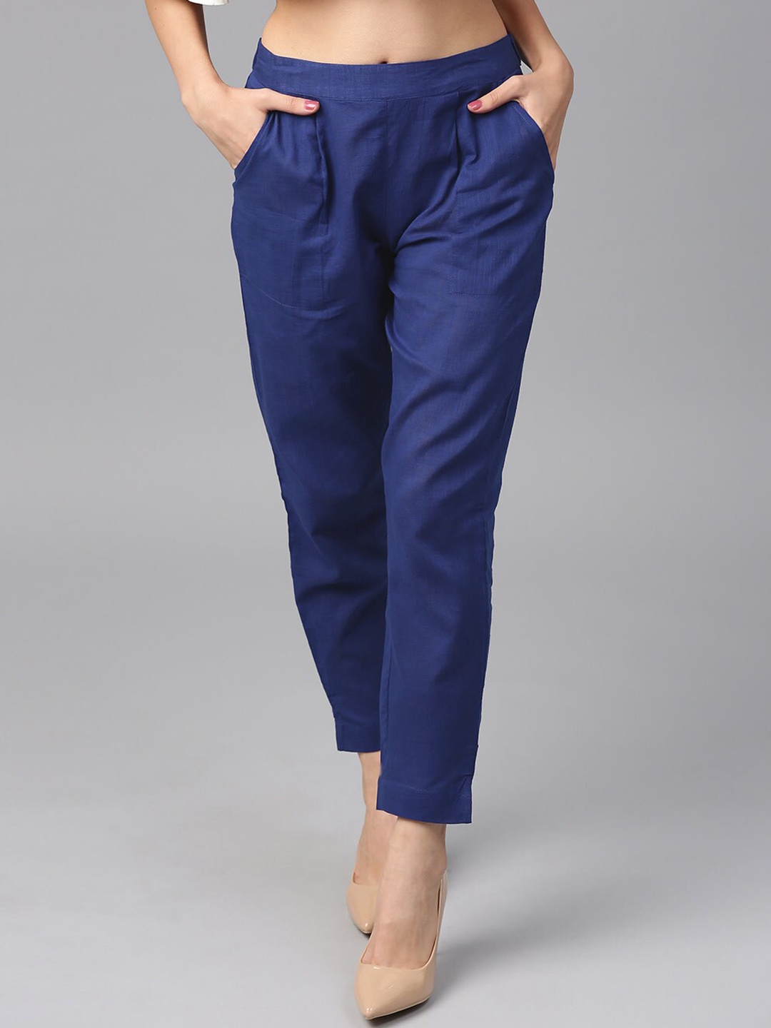 

KALINI Women Mid-Rise Pleated Regular Fit Cropped Trousers, Blue