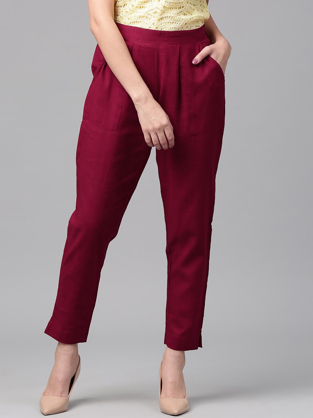 

KALINI Women Mid-Rise Pleated Cotton Trousers, Burgundy