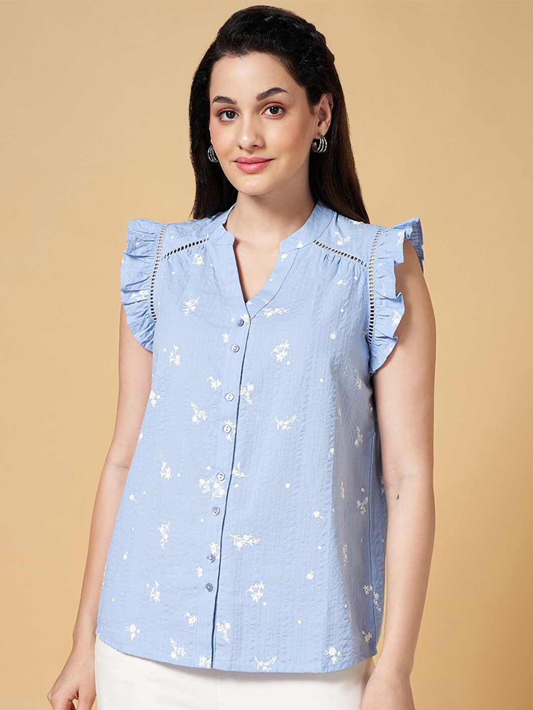 

Honey by Pantaloons Print Flutter Sleeve Cotton Shirt Style Top, Blue