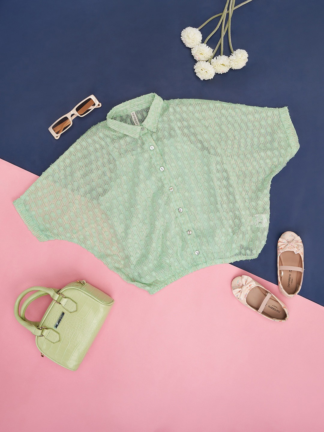

Pantaloons Junior Girls Floral Self Design Cotton Shirt Collar Top, Green