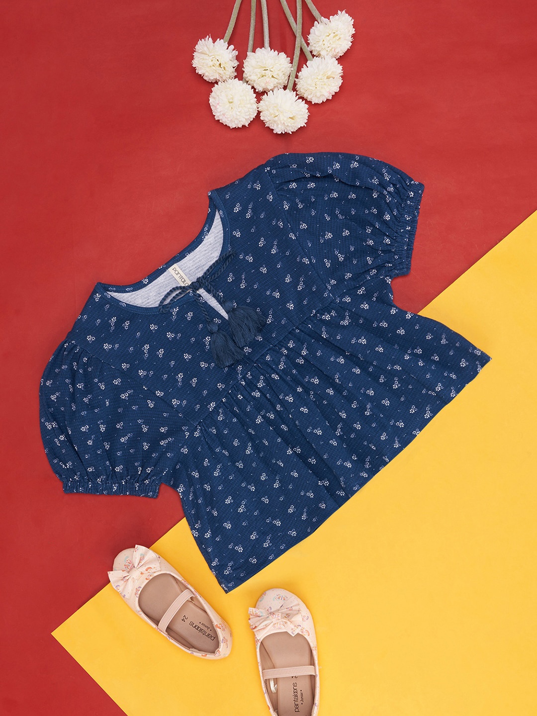 

Pantaloons Junior Girls Floral Printed Cotton Tie-Up Neck Puff Sleeves Top, Teal