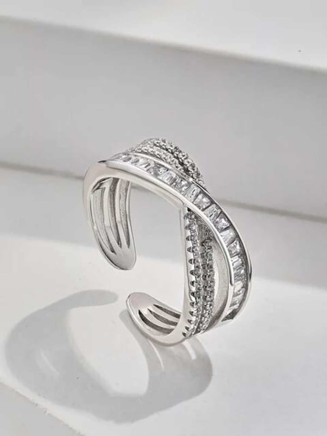 

VIEN Silver-Plated CZ Studded Adjustable Finger Ring