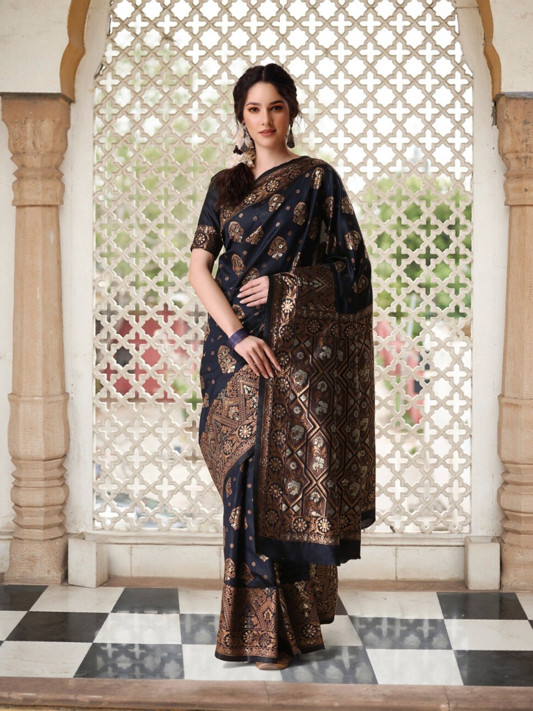 

KALINI Ethnic Motifs Woven Design Zari Detailed Saree, Navy blue
