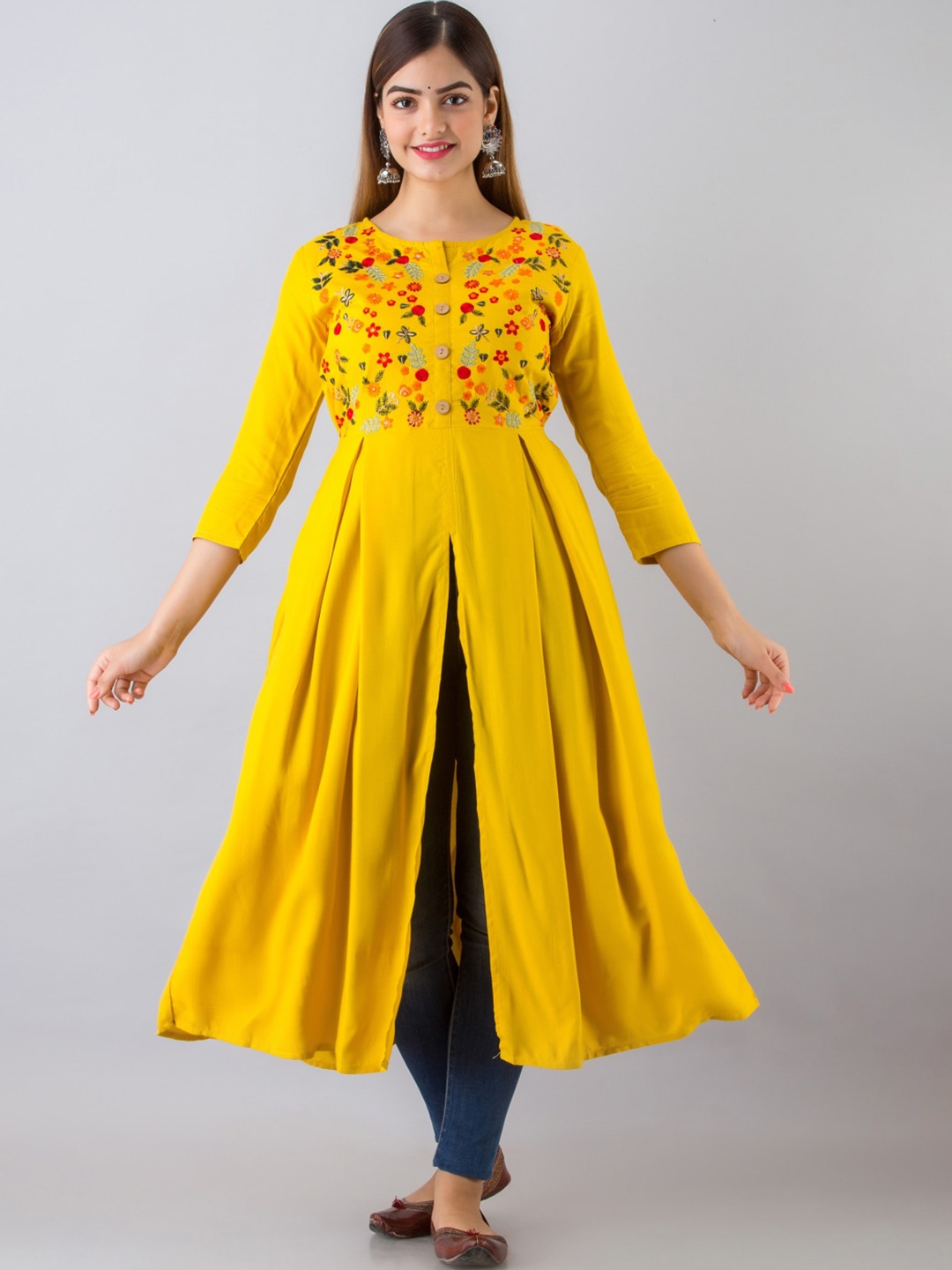 

NISHABD Floral Embroidered Thread Work Empire Kurta, Mustard