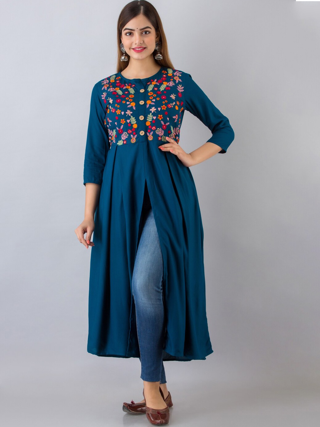 

NISHABD Floral Yoke Design Thread Work A-Line Kurta, Teal