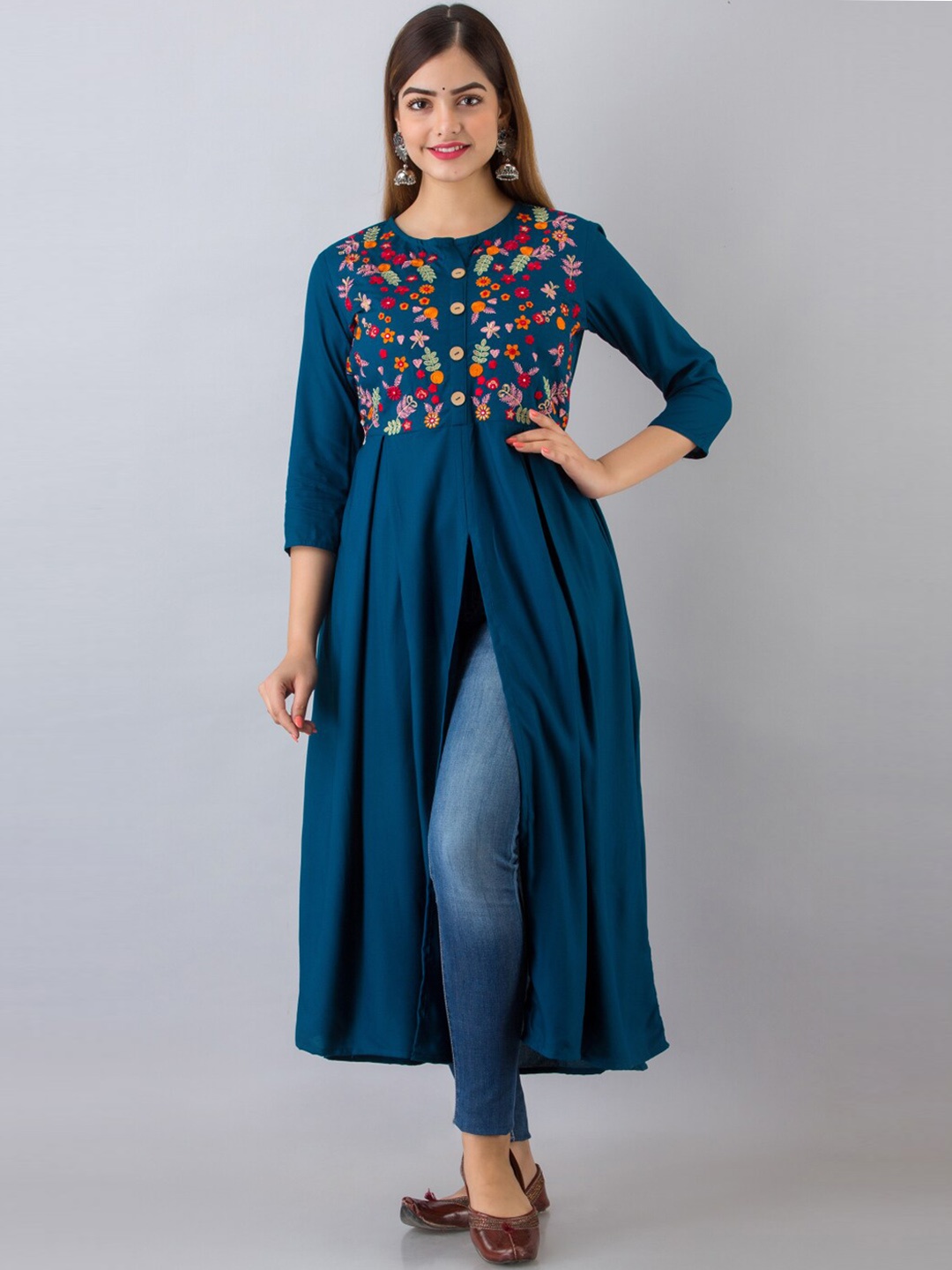 

NISHABD Floral Yoke Design Thread Work A-Line Kurta, Teal