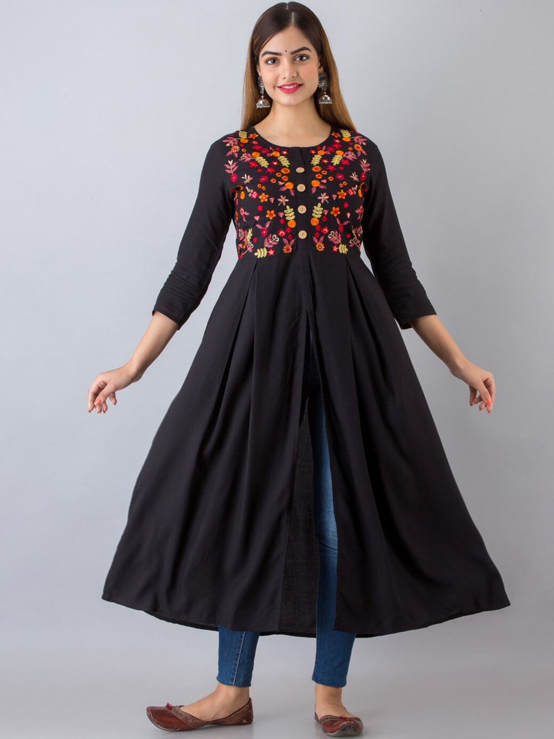 

NISHABD Floral Yoke Design Thread Work A-Line Kurta, Black