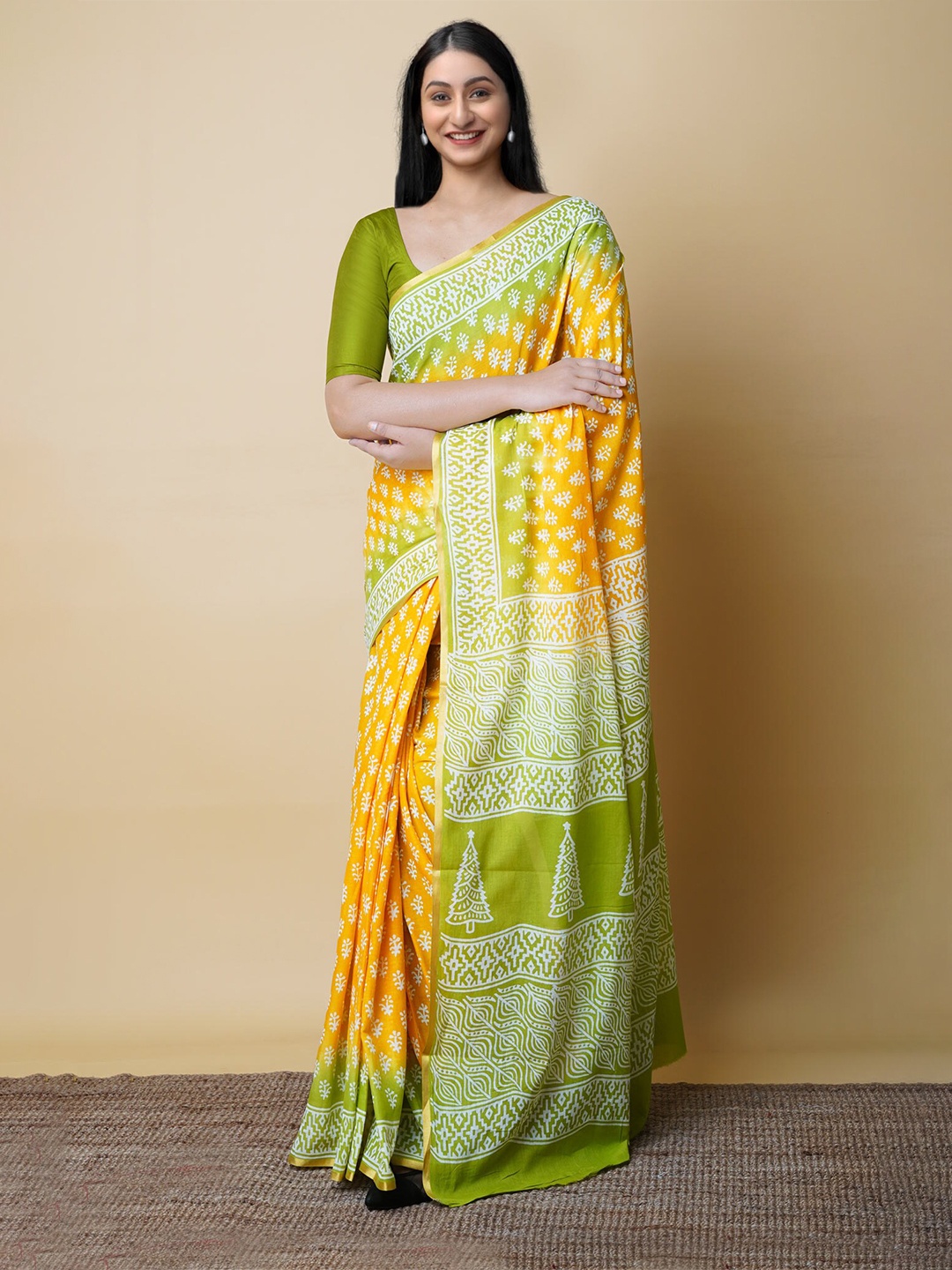 

Unnati Silks Ethnic Motifs Block Printed Pure Cotton Saree, Yellow