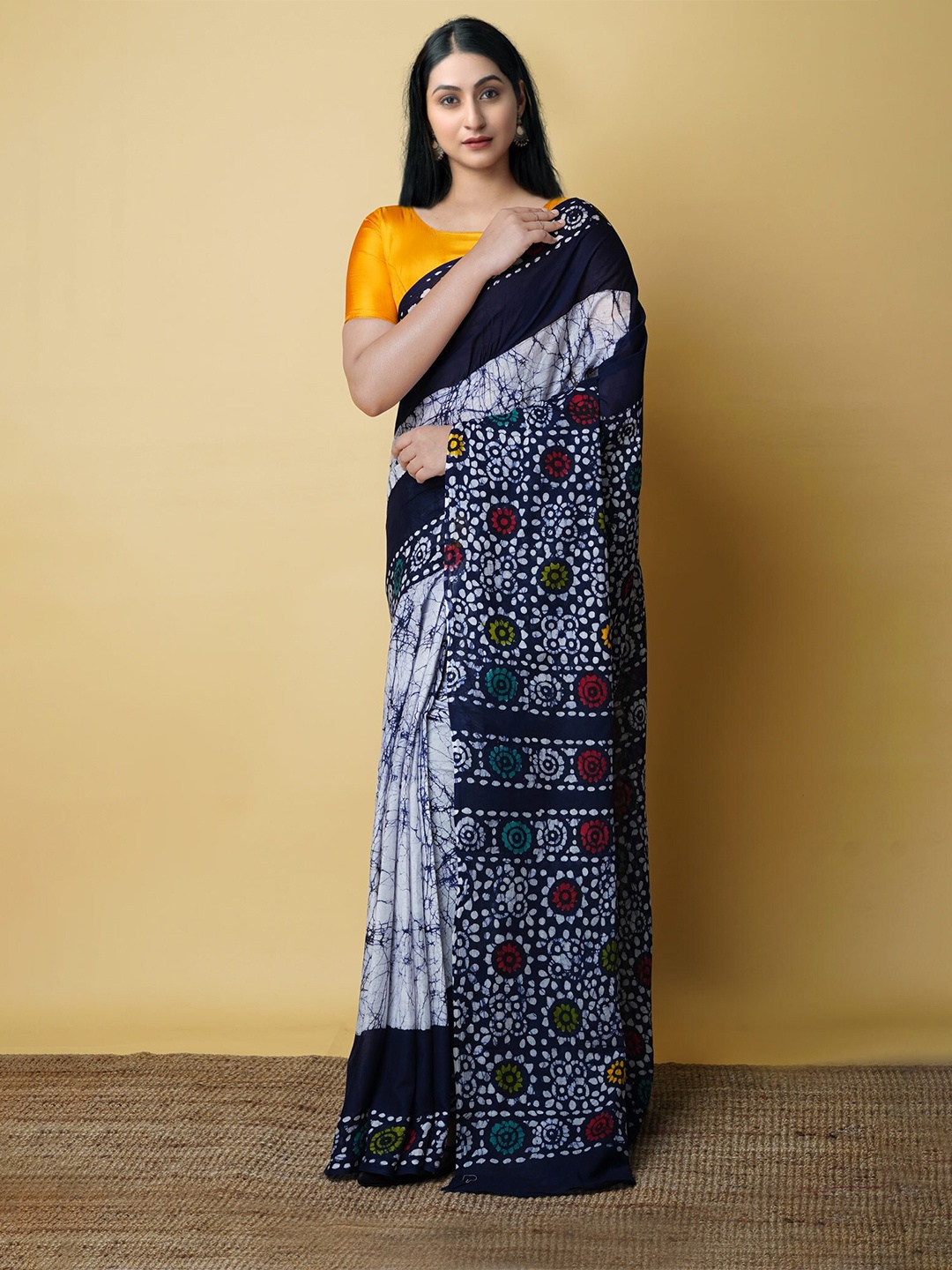 

Unnati Silks Batik Printed Pure Cotton Kota Saree, Navy blue