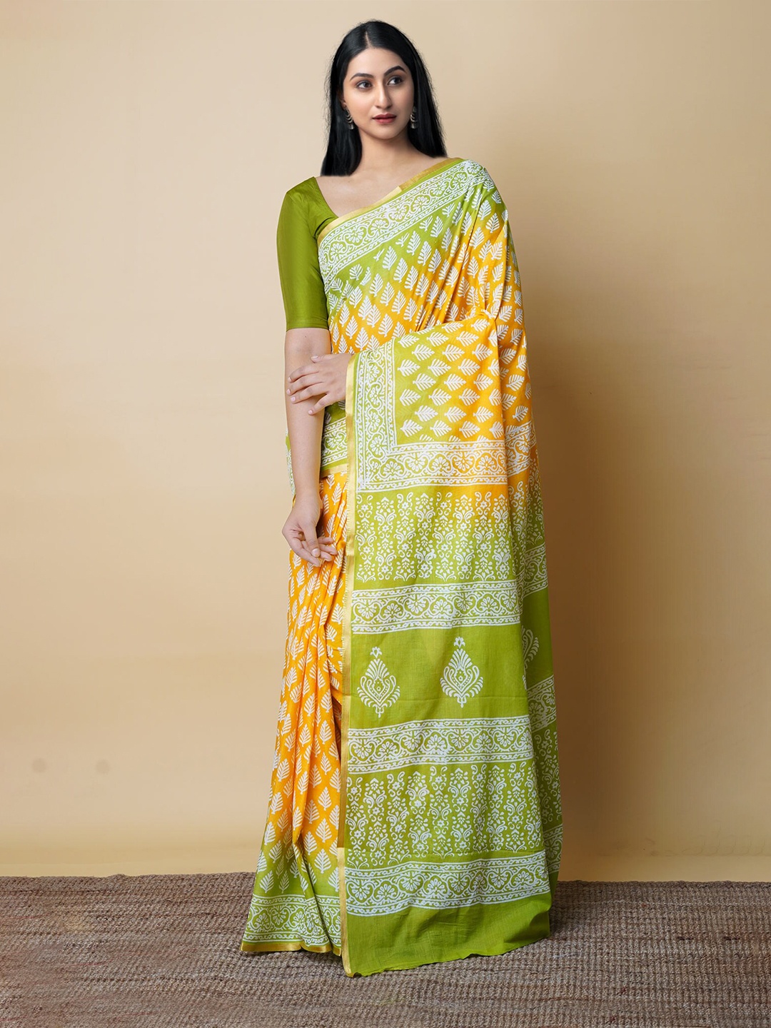 

Unnati Silks Ethnic Motifs Block Printed Zari Pure Cotton Saree, Yellow