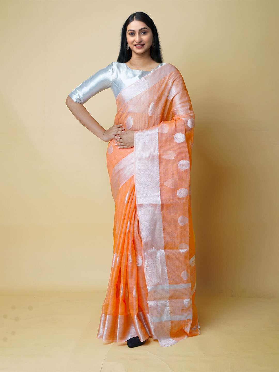 

Unnati Silks Ethnic Motifs Woven Design Zari Pure Cotton Banarasi Saree, Orange