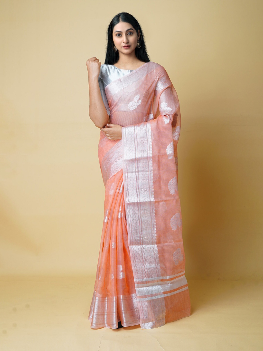 

Unnati Silks Ethnic Motifs Woven Design Zari Pure Cotton Banarasi Saree, Orange