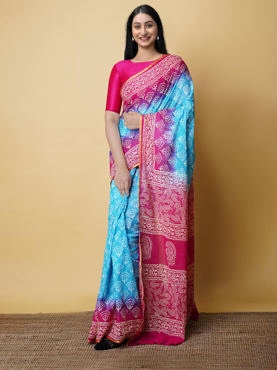 

Unnati Silks Ethnic Motifs Block Printed Zari Pure Cotton Saree, Blue