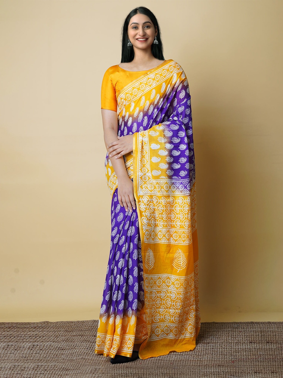 

Unnati Silks Ethnic Motifs Block Printed Zari Pure Cotton Saree, Blue