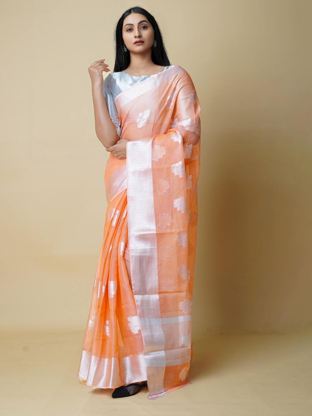 

Unnati Silks Ethnic Motifs Woven Design Zari Pure Cotton Banarasi Saree, Orange