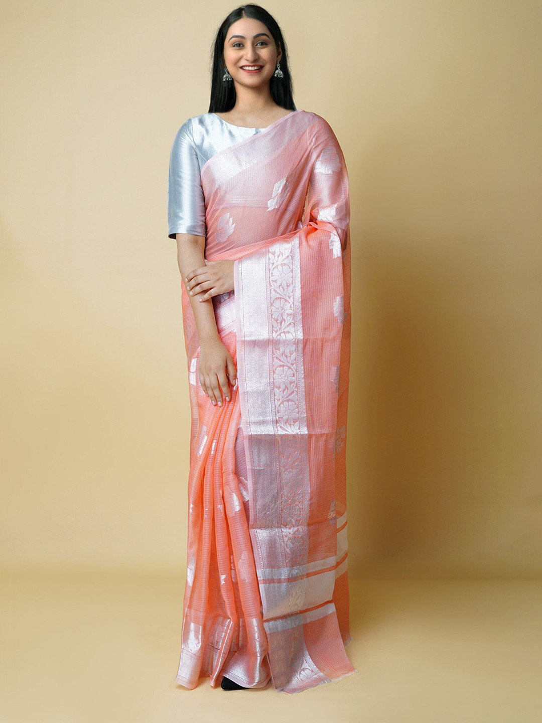 

Unnati Silks Ethnic Motifs Woven Design Zari Pure Cotton Banarasi Saree, Orange